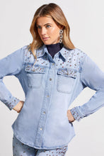 Load image into Gallery viewer, This striking sparkle and shine denim shirt perfectly brings together casual style with glamorous flair, adorned with striking rhinestone details in clear, pink, and red. It boasts a snap-up front, long sleeves with open cuffs, a crisp collar, and practical chest pockets, making it as functional as it is fashionable.&nbsp;
