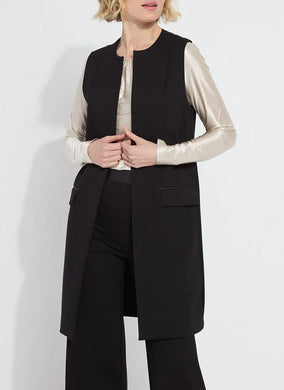 Crafted from 4-way stretch Ponte fabric, the Denver Ponte Sleeveless Coat is a classic piece ideal for the fall season. It complements the Denver Hi Waist Wide Leg Ponte pants seamlessly and is easy to maintain. The coat is sleeveless, machine washable, and fits true to size. It is designed with Lightweight Vegan Leather accents, practical pockets, elevated back slits, and a demi-belt at the back. The interior is meticulously finished with Satin binding.