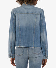 Load image into Gallery viewer, Expertly crafted from stretch-denim, the Julia Crop Denim Jacket by Kut from the Kloth elevates the traditional trucker jacket. With a relaxed fit and frayed hem, this medium base wash piece is a must-have for any wardrobe. Color -Diagnosed with medium base wash. Front functional flap pockets with single button closure. Functional side pockets. Metallic button closure.
