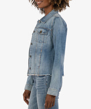 Load image into Gallery viewer, Expertly crafted from stretch-denim, the Julia Crop Denim Jacket by Kut from the Kloth elevates the traditional trucker jacket. With a relaxed fit and frayed hem, this medium base wash piece is a must-have for any wardrobe. Color -Diagnosed with medium base wash. Front functional flap pockets with single button closure. Functional side pockets. Metallic button closure.
