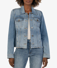 Load image into Gallery viewer, Expertly crafted from stretch-denim, the Julia Crop Denim Jacket by Kut from the Kloth elevates the traditional trucker jacket. With a relaxed fit and frayed hem, this medium base wash piece is a must-have for any wardrobe. Color -Diagnosed with medium base wash. Front functional flap pockets with single button closure. Functional side pockets. Metallic button closure.
