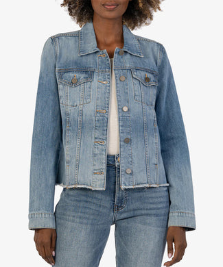 Expertly crafted from stretch-denim, the Julia Crop Denim Jacket by Kut from the Kloth elevates the traditional trucker jacket. With a relaxed fit and frayed hem, this medium base wash piece is a must-have for any wardrobe. Color -Diagnosed with medium base wash. Front functional flap pockets with single button closure. Functional side pockets. Metallic button closure.