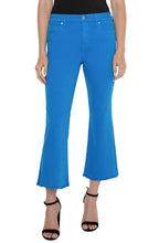 Load image into Gallery viewer, The Hannah Crop Flare has been carefully crafted in a vibrant Diva Blue wash. Complete your ensemble by pairing it with its counterpart Dakota Diva Blue Classic Jean Jacket for a fun and modern all-in-one look!  Color - Diva blue. Mid-rise. Flare with fray hem. 5-pocket styling details. Zip-fly and single logo button closure. Set-in waistband with belt loops.
