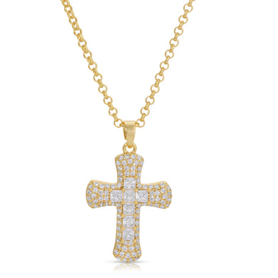 Elevate your style with the stunning Donatella Cross Necklace in White by Joy Dravecky. Adorned with square CZs in the center and encircled by White Pave CZs, this necklace adds a touch of glamour and dimension to any outfit.