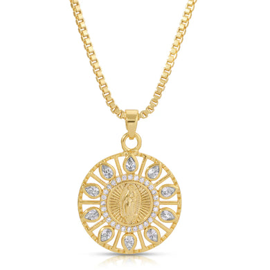 Crafted with a vintage touch, the Donna Marie necklace in white features a stunning display of White Teardrop CZs encircling Our Lady Guadalupe. It exudes a timeless charm that can be effortlessly paired with our other CZ crosses or classics, making it a versatile and elegant centerpiece pendant.