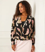 Load image into Gallery viewer, Crafted from high-quality crepe material, this Dariana Drape Front Top in Pink Multi Floral Print boasts an elegant chalk floral print. Effortlessly chic, it can be paired with your favorite jeans or trousers for a stylish look, or complete the ensemble with our matching Brissa Bias Cut Midi Skirt in Pink Floral Print for a versatile and feminine outfit.
