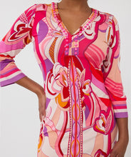 Load image into Gallery viewer, Make a statement with the EsQualo Disco Hit Dress, designed for effortless elegance and bold style. This sleeveless dress features a round neckline and dazzling bead embellishments, adding a touch of glamour to your wardrobe. The multicolored abstract print blends vibrant hues of pink, red, orange, cream and purple creating a playful yet sophisticated look.
