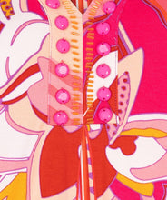 Load image into Gallery viewer, Make a statement with the EsQualo Disco Hit Dress, designed for effortless elegance and bold style. This sleeveless dress features a round neckline and dazzling bead embellishments, adding a touch of glamour to your wardrobe. The multicolored abstract print blends vibrant hues of pink, red, orange, cream and purple creating a playful yet sophisticated look.
