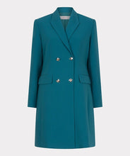 Load image into Gallery viewer, A teal blazer dress with gold, shiny buttons against a white background.
