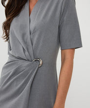 Load image into Gallery viewer, Gray cinched dress with a silver buckle detail against a plain background.
