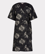 Load image into Gallery viewer, Black and silver floral print, puff sleeve jacquard dress against a white background.
