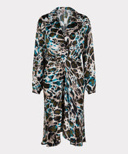 Load image into Gallery viewer, This Dress Twist with Animal Roots Print in bold colors features a feminine front twist detail that gives it a flowy fit, making it an ideal staple in your wardrobe. Whether for a day out or a night of dancing, this piece will add an enchanting print and timeless charm to your ensemble.  Color- Peacock blue, navy and olive green. V-Neck. Long sleeve. Collared.
