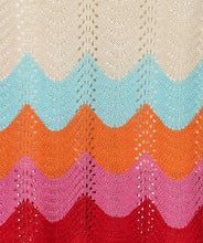 Load image into Gallery viewer, Close-up of a knitted fabric with zig zag pattern in blue, orange, pink, and red on a beige background.
