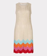 Load image into Gallery viewer, Knitted dress with colorful zig zag bottom section on a white background.

