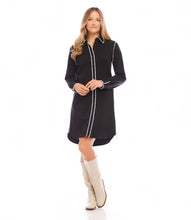 Load image into Gallery viewer, This shirtdress, with its distinctive squiggle edge stitching, provides a fashionable and contemporary update to a traditional style. The playful stitching detail makes it an ideal choice for both professional and casual environments. Create a simply stunning outfit when you style with a pair of tall boots.
