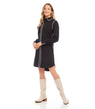 Load image into Gallery viewer, This shirtdress, with its distinctive squiggle edge stitching, provides a fashionable and contemporary update to a traditional style. The playful stitching detail makes it an ideal choice for both professional and casual environments. Create a simply stunning outfit when you style with a pair of tall boots.
