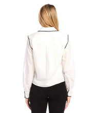 Load image into Gallery viewer, Enhance your outfit with this fashionable Ottilie Off White with Black Edge Stitch Tie Front Top from Karen Kane. Featuring a touch of edginess with contrast stitching detail, this top is designed for both style and comfort. The flattering fit of the tie front and the enhanced look of the stitching detail make this top a must-have for any wardrobe.
