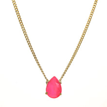 Load image into Gallery viewer, Introducing the Lumi necklace, a dazzling and versatile piece adorned with a high-quality pear-shaped stone in the middle. This antique gold-plated necklace features a 14” length with a 3” extension. Handcrafted in Canada.    Color- Gold and electric pink. Premium crystals. Tear drop in electric pink. Gold chain. Length- 14 inches with 3-inch extension. 
