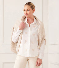 Load image into Gallery viewer, Enhance your closet with our expertly hand-embroidered embellished button up shirt. Delicately hand stitched flowers in a soft almond hue decorate this classic off white garment, adding a refined and sophisticated touch.
