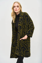 Load image into Gallery viewer, Instantly elevate your outfit with this open-front jacquard cover-up. The embossed abstract print, paired with a structured collar and three-quarter bell sleeves, creates a unique and sophisticated look.
