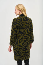 Load image into Gallery viewer, Instantly elevate your outfit with this open-front jacquard cover-up. The embossed abstract print, paired with a structured collar and three-quarter bell sleeves, creates a unique and sophisticated look.
