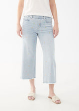 Load image into Gallery viewer, Experience the perfect combination of comfort and style with these French Dressing denim jeans. Designed for optimal ease and fashion, they boast a pull-on design and delicate pastel flowers on the front legs that beautifully complement the light wash blue.  Color - Sky blue. Embroidered pastel flowers. Non-functional pockets.
