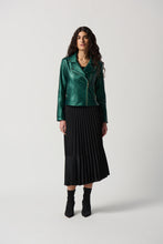 Load image into Gallery viewer, Make your everyday outfits stand out with this faux leather biker jacket. The stylish notched collar, metallic shine and zippered pockets add a bold touch that grabs attention.  Color - Emerald green. Metallic faux leather. Notched collar. Long sleeves. Zipper pockets. Lined.
