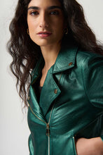 Load image into Gallery viewer, Make your everyday outfits stand out with this faux leather biker jacket. The stylish notched collar, metallic shine and zippered pockets add a bold touch that grabs attention.  Color - Emerald green. Metallic faux leather. Notched collar. Long sleeves. Zipper pockets. Lined.
