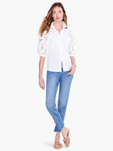 Load image into Gallery viewer, An embroidered top loaded with detail, this shirt is a must-have for casual denim looks and elevated outfits alike. Signature embroidery details and negative space on the puff sleeves add texture and interest to your look. Elastic at the short sleeve openings add extra shape. Wear it with the collar popped to add some attitude. With a classic button front and a hem designed to sit at the hip.  Color- Paper white. Regular fit. Shirt collar. Short sleeve.
