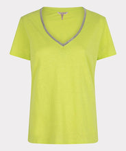 Load image into Gallery viewer, Our EsQualo t-shirt is an elevated style with a lime green color and fancy glitter V-neck trim. Made from extra soft knit fabric, the Lidy is a comfortable piece to wear alone in the warm days or under a jacket when it is cooler.  Color- Lime. Silver glitter neckline trim. V-neck. Short sleeves. Knit fabric. Fabric- 55% Linen. 45% Cotton.
