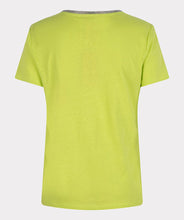 Load image into Gallery viewer, Our EsQualo t-shirt is an elevated style with a lime green color and fancy glitter V-neck trim. Made from extra soft knit fabric, the Lidy is a comfortable piece to wear alone in the warm days or under a jacket when it is cooler.  Color- Lime. Silver glitter neckline trim. V-neck. Short sleeves. Knit fabric. Fabric- 55% Linen. 45% Cotton.
