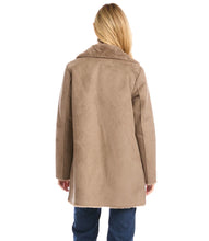 Load image into Gallery viewer, A fold over collar shows off the cozy faux-fur lining of this polished coat that is outfitted with patch pockets for even more warmth. Color- Taupe. Patch pockets. Button down. Faux fur. Fabric- 100% Polyester. Care- Dry clean.
