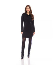 Load image into Gallery viewer, Enhance your clothing collection with our Faux Leather Patch Dress. It features a cowl neck for an elegant flair, and the faux leather accents on the sleeve and pocket provide a contemporary twist. Crafted from soft sweater fabric, this dress offers both fashion and comfort, making it ideal for various events.
