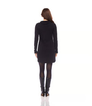 Load image into Gallery viewer, Enhance your clothing collection with our Faux Leather Patch Dress. It features a cowl neck for an elegant flair, and the faux leather accents on the sleeve and pocket provide a contemporary twist. Crafted from soft sweater fabric, this dress offers both fashion and comfort, making it ideal for various events.
