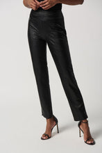 Load image into Gallery viewer, Designed in supple faux leather fabric, these pull-on pants revamp your basic bottoms with a bold edge. Featuring a flattering slim fit and a structured contour waistband for added comfort, these elevated pants with our signature tab ornament take any outfit a step further.  68% Polyester, 26% Polyurethane, 6% Spandex Faux leather fabric with with shine. Structured contour waistband. Joseph Ribkoff tab ornament. Unlined. Hand wash in cold water with like colors. Do not bleach. Hang to dry.
