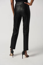 Load image into Gallery viewer, Designed in supple faux leather fabric, these pull-on pants revamp your basic bottoms with a bold edge. Featuring a flattering slim fit and a structured contour waistband for added comfort, these elevated pants with our signature tab ornament take any outfit a step further.  68% Polyester, 26% Polyurethane, 6% Spandex Faux leather fabric with with shine. Structured contour waistband. Joseph Ribkoff tab ornament. Unlined. Hand wash in cold water with like colors. Do not bleach. Hang to dry.

