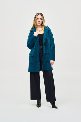 Embrace the cooler seasons with this snug feather yarn sweater coat in a stunning twilight blue shade. Featuring a convenient mid-thigh length, single-button closure, and flap pockets, this garment transitions seamlessly from daytime to evening wear.