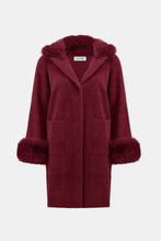Load image into Gallery viewer, Burgundy long coat with fur trim against a white background.
