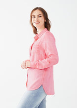 Load image into Gallery viewer, This lovely shirt exudes a relaxed charm that complements your personal style while adding a touch of effortless sophistication. The bold flamingo pink hue adds a vibrant pop of color to your daily attire. Color- Flamingo Pink. Spread collar. Button front closure. Long sleeves with roll-tab. Breast pockets.
