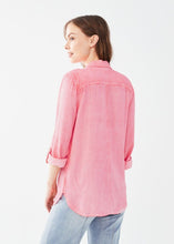 Load image into Gallery viewer, This lovely shirt exudes a relaxed charm that complements your personal style while adding a touch of effortless sophistication. The bold flamingo pink hue adds a vibrant pop of color to your daily attire. Color- Flamingo Pink. Spread collar. Button front closure. Long sleeves with roll-tab. Breast pockets.
