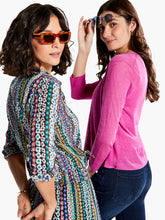 Load image into Gallery viewer, Embrace your inner flower child. This fun, festive springtime (or anytime) top isn&#39;t just a bright burst of floral pattern, but intentionally crinkled to add a breezy textured feel. With a regular fit, modern stand collar, button front, and a basic sleeve. The hem was designed to sit below the hip.   Colors -Pink multi; pinks, greens, blues, white, black, gold. Regular fit. Shirt collar. Long sleeve.
