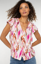 Load image into Gallery viewer, Elevate your wardrobe with the Liverpool Los Angeles Flutter Sleeve Button Front Knit Top! Featuring a romantic V-neck, flutter sleeves, and exclusive vibrant pink painted ikat print, this top blends effortless charm with everyday versatility. Perfect for pairing with jeans or shorts for a chic, season-to-season look.
