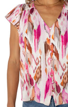 Load image into Gallery viewer, Elevate your wardrobe with the Liverpool Los Angeles Flutter Sleeve Button Front Knit Top! Featuring a romantic V-neck, flutter sleeves, and exclusive vibrant pink painted ikat print, this top blends effortless charm with everyday versatility. Perfect for pairing with jeans or shorts for a chic, season-to-season look.
