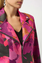 Load image into Gallery viewer, Close-up of a model wearing a pink, purple and golden yellow moto jacket over a black tank against a white background.
