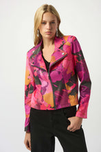 Load image into Gallery viewer, Woman modeling a pink, purple and golden yellow moto jacket and black jeans against a white background.
