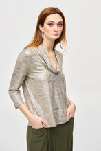 Load image into Gallery viewer, Display your distinctive style with this striking melange knit top. The cowl neck brings an element of elegance, and the three-quarter sleeves offer remarkable versatility. Its straight silhouette promises a flattering fit that combines comfort with fashion.
