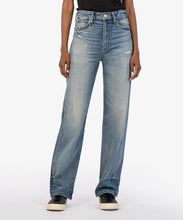 Load image into Gallery viewer, Achieve the ultimate balance between casual and refined with these high-waisted jeans. Designed with full-length wide legs, they feature creased detailing for a sophisticated trouser look. The medium base wash and slight distressing add just the right amount of edge.
