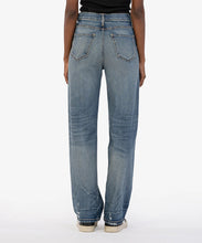 Load image into Gallery viewer, Achieve the ultimate balance between casual and refined with these high-waisted jeans. Designed with full-length wide legs, they feature creased detailing for a sophisticated trouser look. The medium base wash and slight distressing add just the right amount of edge.
