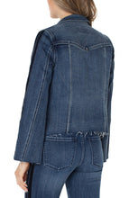 Load image into Gallery viewer, The timeless jean jacket gets a modern edge with a frayed hem and velvet trim adorning the silhouette. Its versatility makes it ideal for a range of occasions and it can easily be elevated when paired with the coordinating Hannah Crop Flare.  Color- Gilmore; dark blue with fading. Button front closure. Velvet trim down arms. Elevated frayed hem details. Flap patch pockets.
