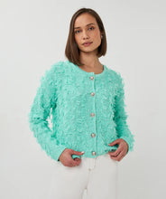 Load image into Gallery viewer, Woman wearing a fringed mint green cardigan and tan jeans against a white background.
